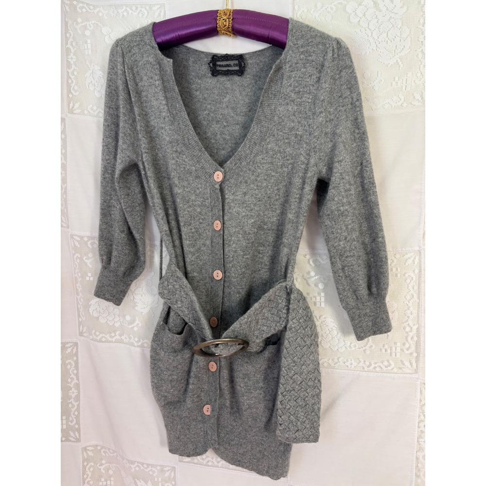 Gray Scoop Neck Button Front Brass Belted 3/4 Sleeve Babydoll Cardigan Size M